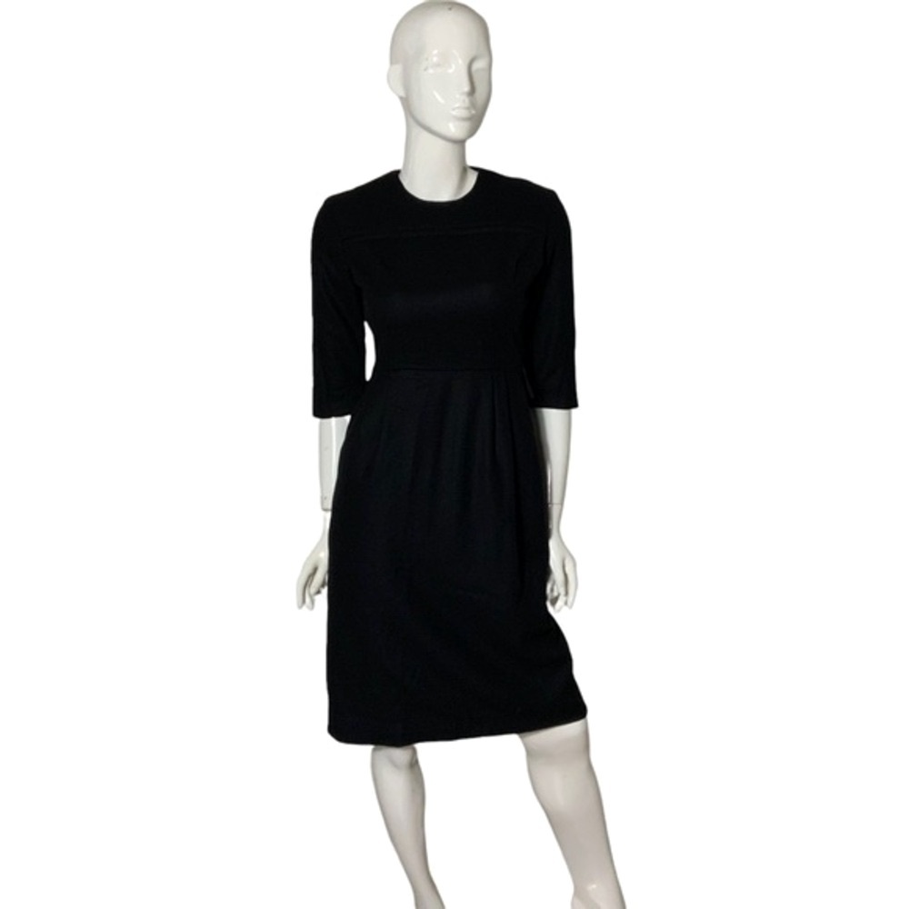 Vintage pre-60s black wool day‎ dress metal zipper quarter sleeve modern 6/8